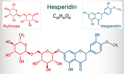 Hesperidin, rutinose, hesperetin molecule. Flavonoid, favanone glycoside, drugs for treatment of venous disease. Structural chemical formula and molecule model