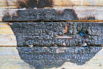 Close-up of charred wooden background, burnt wood texture.