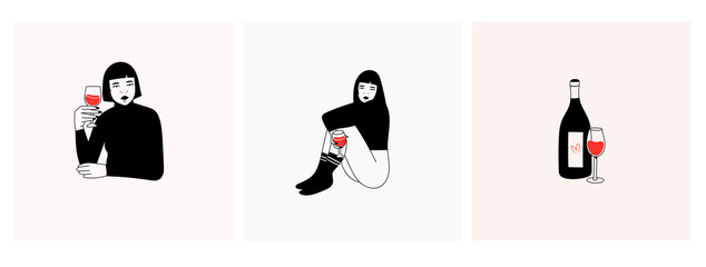 Cute ladies with red wine glasses. Wine bottle. Wine lovers concept. Poster ideas, shirt print design or menu decoration. Set of three Hand drawn trendy Vector isolated illustrations.
