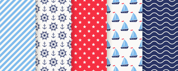 Fototapeta premium Nautical, marine seamless pattern. Vector. Sea backgrounds with sailboat, anchor, helm, stripe, star and wave. Set summer prints. Geometric texture for baby shower, scrapbooking. Color illustration