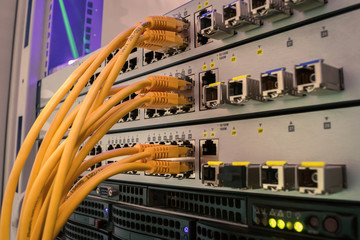 Telecommunication equipment is in the server room of the data center. Interent utp wire. Technology...