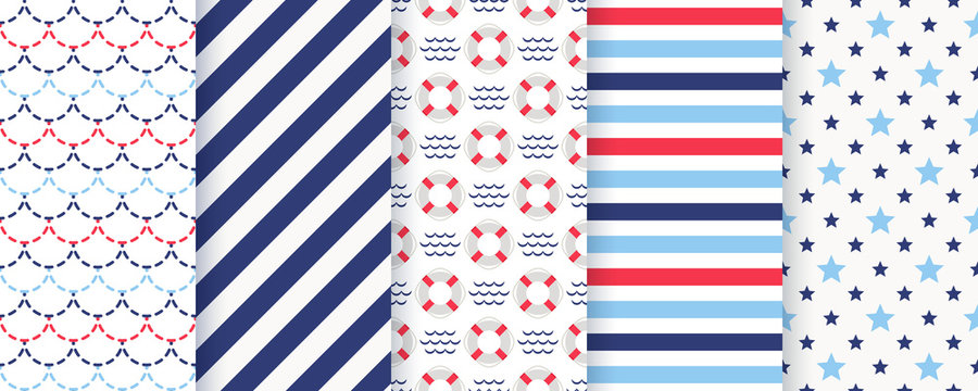Nautical seamless pattern. Vector. Marine backgrounds with Lifebuoy, stripes, star and fish scale. Set blue sea summer prints. Geometric texture for baby shower, scrapbooking. Color illustration