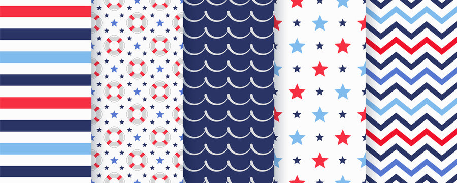 Nautical seamless pattern. Vector. Marine backgrounds with Lifebuoy, stripes, star, wave and zigzag. Set blue sea summer prints. Geometric texture for baby shower, scrapbooking. Color illustration