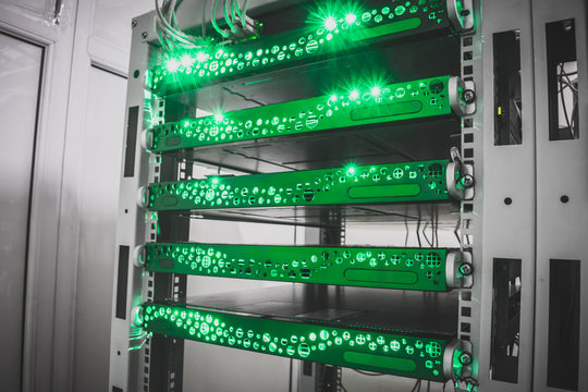 Powerful multimedia servers work in a data center rack. File-based video transcoding service with broadcast-grade features. Elemental mediaconvert.Technological concept