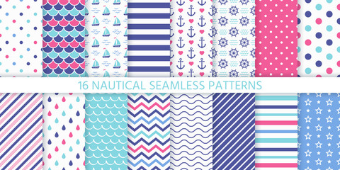 Marine seamless pattern. Vector. Nautical sea backgrounds with anchor, sailboat, wheel, stripe, zigzag and waves. Set blue summer print. Geometric texture for baby shower scrapbook. Color illustration