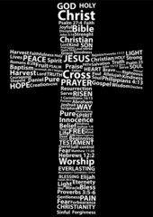 Christian cross in white written with christian words on black background. Christian background