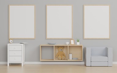 Fototapeta na wymiar 3d render of blank poster frame for mock up that hanging on the wall with beautiful scene that decorate with teddy bear and desk.