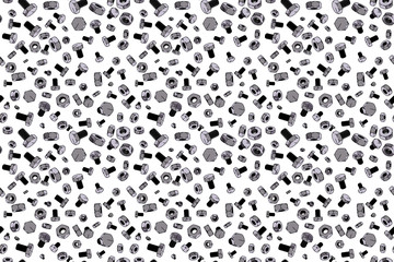 Seamless pattern of metall chromed bolts and nuts in chaotic order. 3d illustration. Paper print or fabric textile texture. Sign of hardware industry or shop.