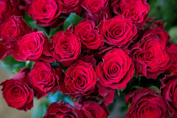 Beautiful bouquet of red roses made with love in the greek flowers boutique - preparation for Valentine's Day.