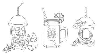 Glasses with summer refreshing drinks - vector linear set for coloring. Outline. Juices, mojito, sparkling water in glasses and mugs with drinking straws decorated with fruits and leaves.