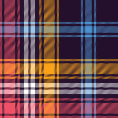 Tartan plaid pattern background. Seamless large multicolored check plaid graphic in dark purple, blue, yellow, pink, and white for scarf, flannel shirt, blanket, or other autumn or winter fabric desig