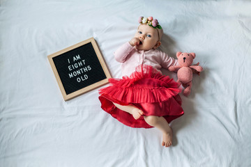 8 Eight months old baby girl laying down on white background with letter board and teddy bear. Flat...