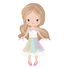 Vector Illustration Beautiful Cute Little Girl. Elegant adorable girl with long hair in a multi-colored dress.