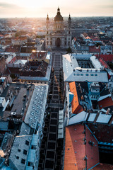 Aerial panoramic skyline view of St.Stephen's Basilica, Hungarian Parliament and Matthias Church