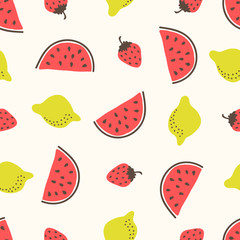 Colorful bright fruity summer seamless pattern with hand drawn strawberry watermelon and lemon. Vector illustration
