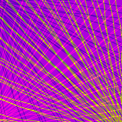 Many rays of yellow light with symmetrical bright waves on pink black.