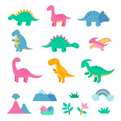 Set of cute colorful dinosaurus. Dinosaur eggs, volcano, plants, rainbow. Vector illustration