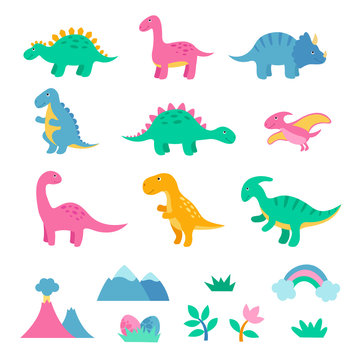 Set of cute colorful dinosaurus. Dinosaur eggs, volcano, plants, rainbow. Vector illustration