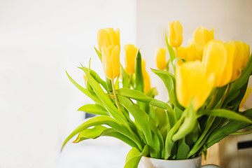 Large thick bouquet of yellow tulips in a bright room on a bright background of sunlight