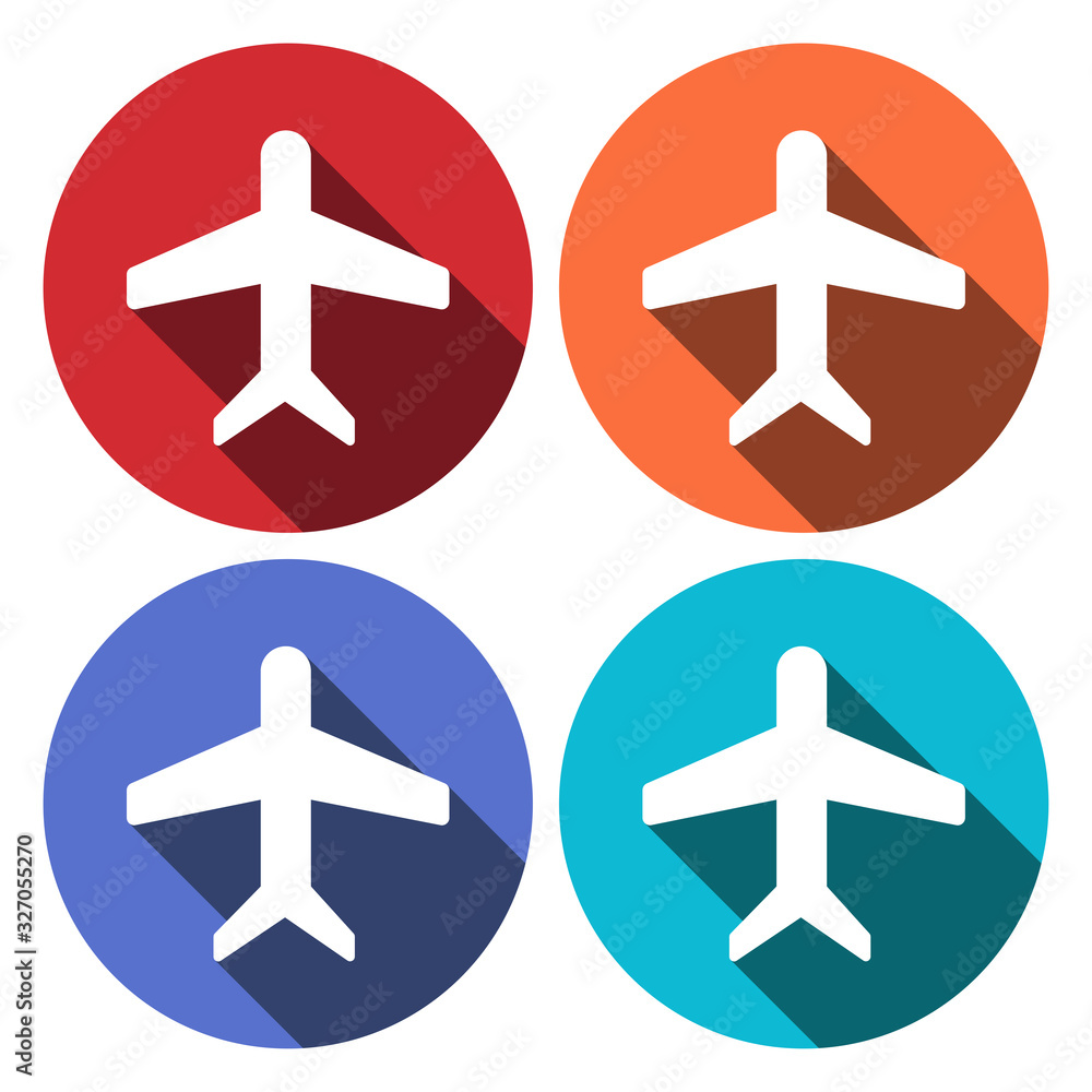 Poster airplane sign. plane symbol. travel icon. flight flat label. circle flat button with shadow. modern 