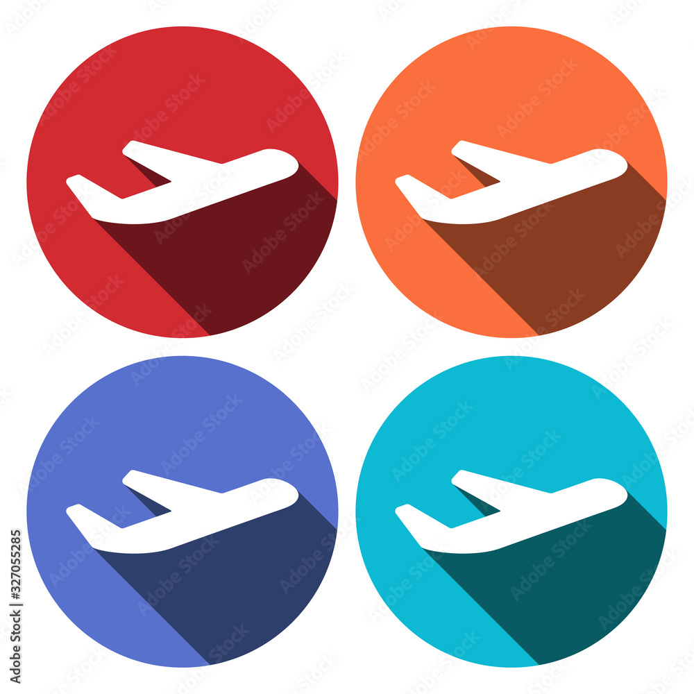 Poster airline airplane or jetliner flight take off flat vector icon for apps and websites. long shadow but