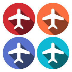 Airplane sign. Plane symbol. Travel icon. Flight flat label. Circle flat button with shadow. Modern UI website navigation. Vector