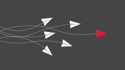 Leadership and competition concept, red paper plane leading among white, flat vector illustration