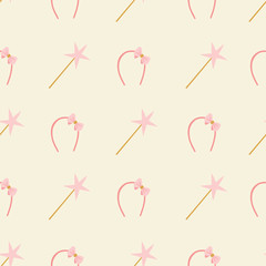 Seamless pattern of magic wand and cute headband with a bow on a creme background.