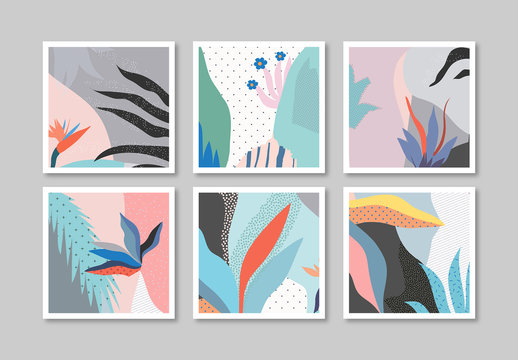 Set of Gentle Floral Card Layouts with Tropical Plants