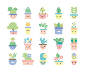 Isolated kawaii plants inside pots flat style icon set vector design
