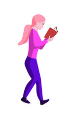 Student girl reading a book in motion. Vector illustration in flat style.