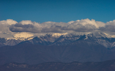 Fototapeta na wymiar Kakheti valley and Greater Caucasus mountain in spring