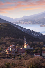 Beautiful Mediterranean landscape at sunset. Montenegro, view of Bay of Kotor and historical region...