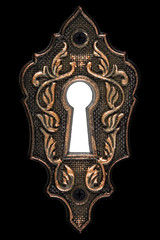 Bright light in the keyhole, decorative design element, isolated on black background