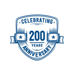 200 years anniversary celebration shield design template. 200th anniversary logo. Vector and illustration.