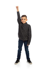 Naklejka premium Kids: Strong Boy With Fist In The Air