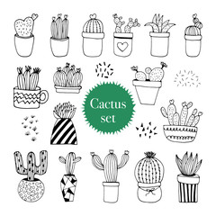 Cute hand drawn set of cactus pots. Doodle vector illustration house plants for wedding design, logo and greeting card. Isolated on white background.