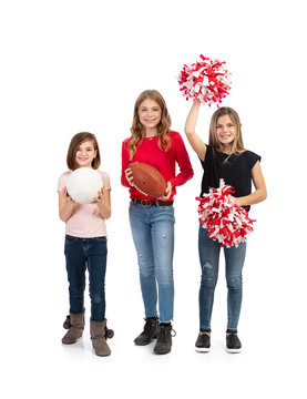 Kids: Three Female Student Athletes With Equipment