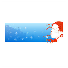 horizontal vector icon of a red-haired girl blowing on a dandelion against a city silhouette and blue sky, Vector clip-art isolated? eps 10, print for t-shirt, sticker