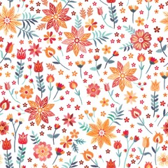 Beautiful embroidery flowers on white background. Floral seamless pattern with folk motives.