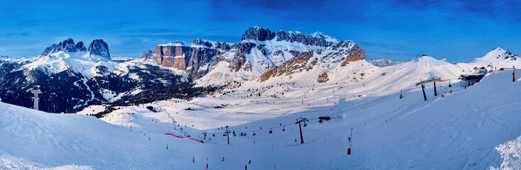 Beautiful panoramic view to the Sellaronda - the largest ski carousel in Europe - skiing the four...