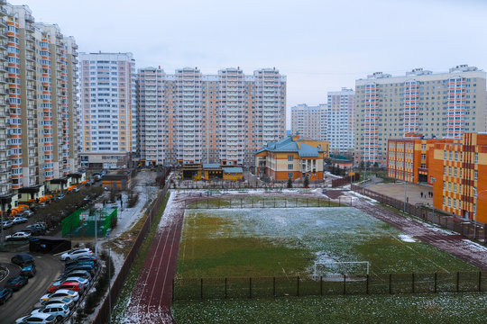 Moscow, Russia - February, 19, 2020: image of a new residential area in Moscow and a playground in the yard