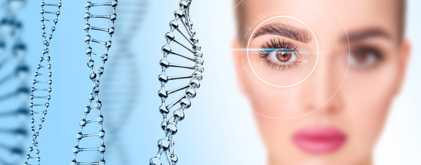 Female eye in digital biometric scanning near DNA stems.