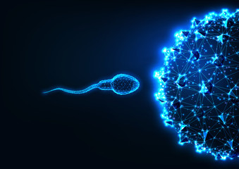 Futuristic fertilization concept with glowing low polygonal sperm and egg cells