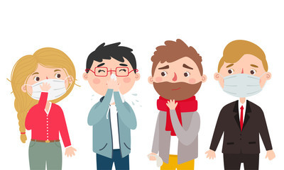 People in a protective medical masks and people with symptoms of the virus. Vector set.