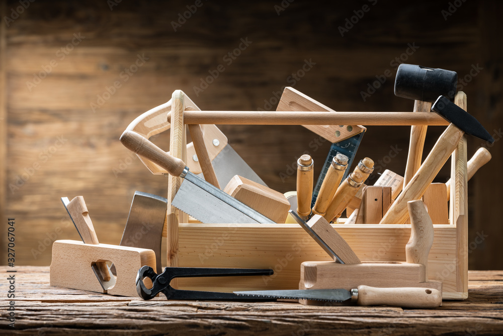 Wall mural toolbox with carpenter worktools