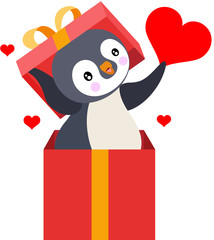 Cute penguin going out of red gift holding a heart