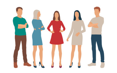 Fototapeta premium Set of men and women, different colors, cartoon character, group of silhouettes standing business people, flat icon design concept isolated on white background