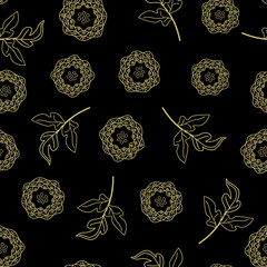 Vector Flowers and Leaves in Yellow Outlines on Black Background Seamless Repeat Pattern. Background for textiles, cards, manufacturing, wallpapers, print, gift wrap and scrapbooking.