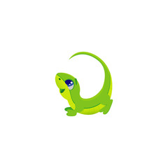 Vector illustration of cartoon green letter L with cute funny little lizard, lacertian long tail, big eyes, isolated on white eps 10 mascot for kids abc, illustration for alphabet 
